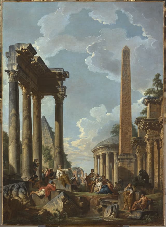 Giovanni Paolo Panini - Architectural Capriccio With a Preacher in Roman Ruins (c. 1740)